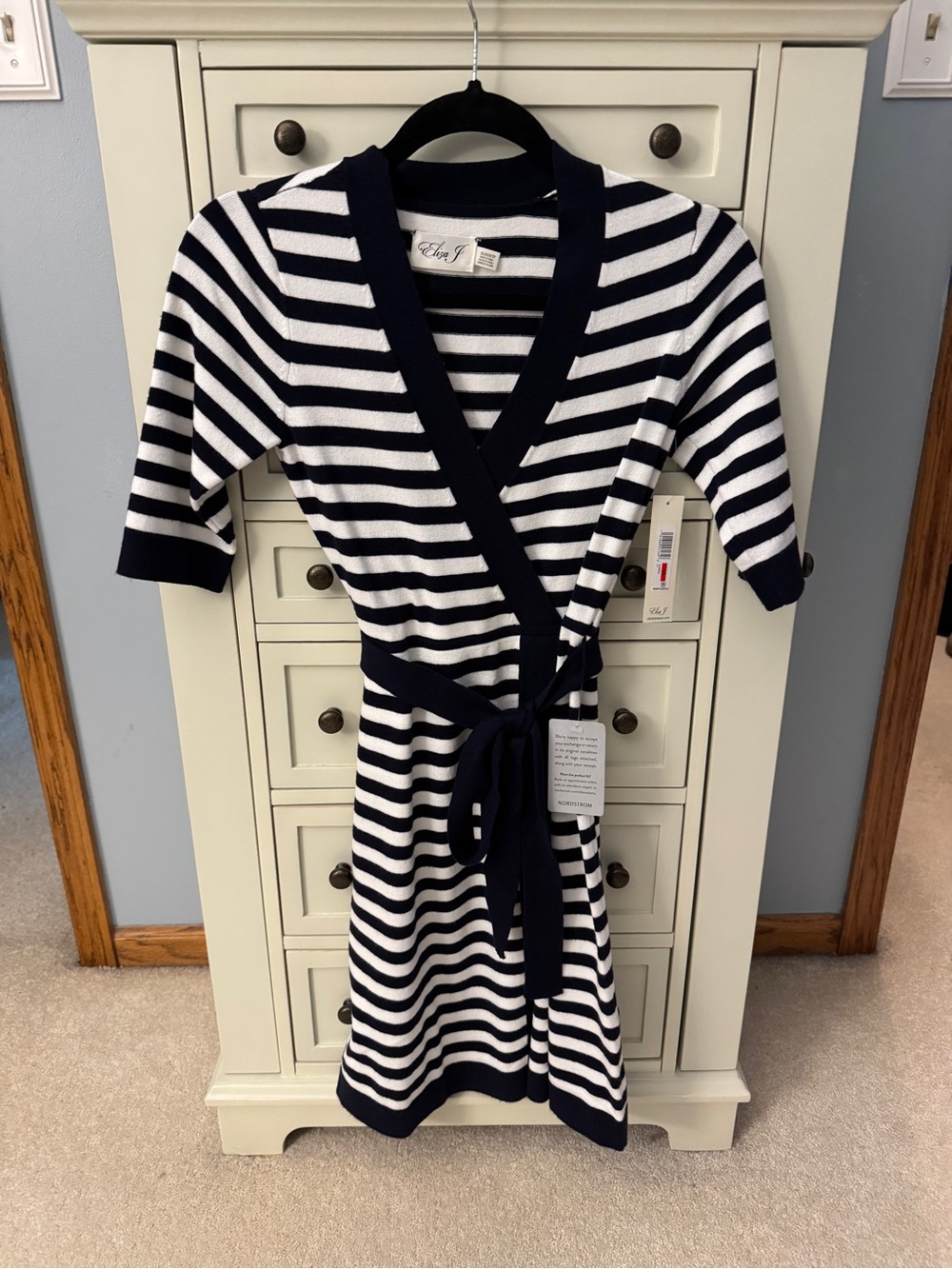 Eliza J Navy and White Striped Wrap Top